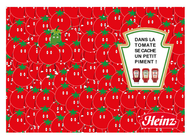 Affiche rouge avec des tomates, un piment se camoufle entre les tomates